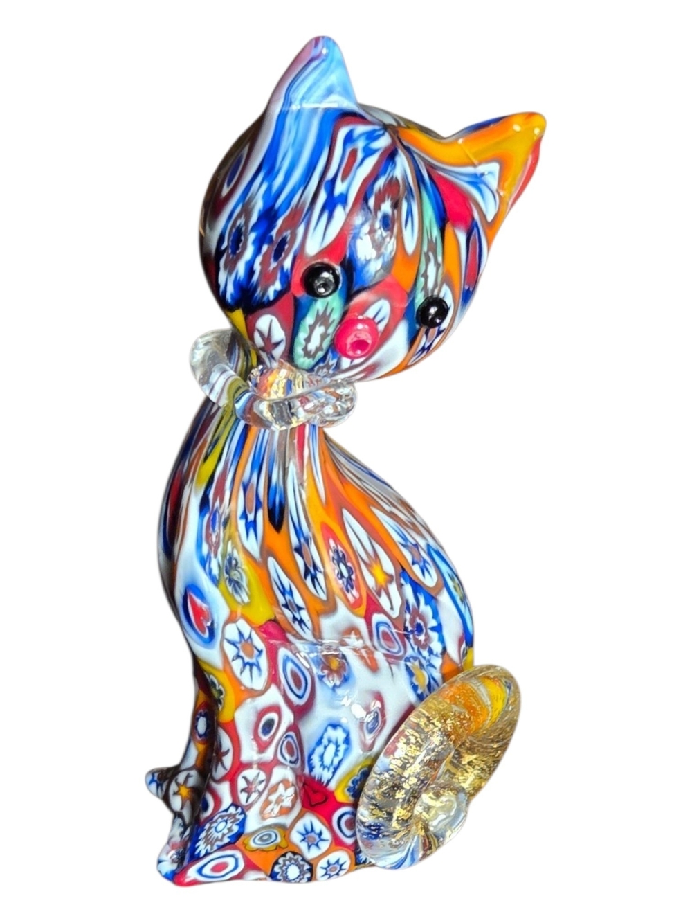 Murano Multicolor Millefiori Glass Cat Figurine with Gold Tail Accent